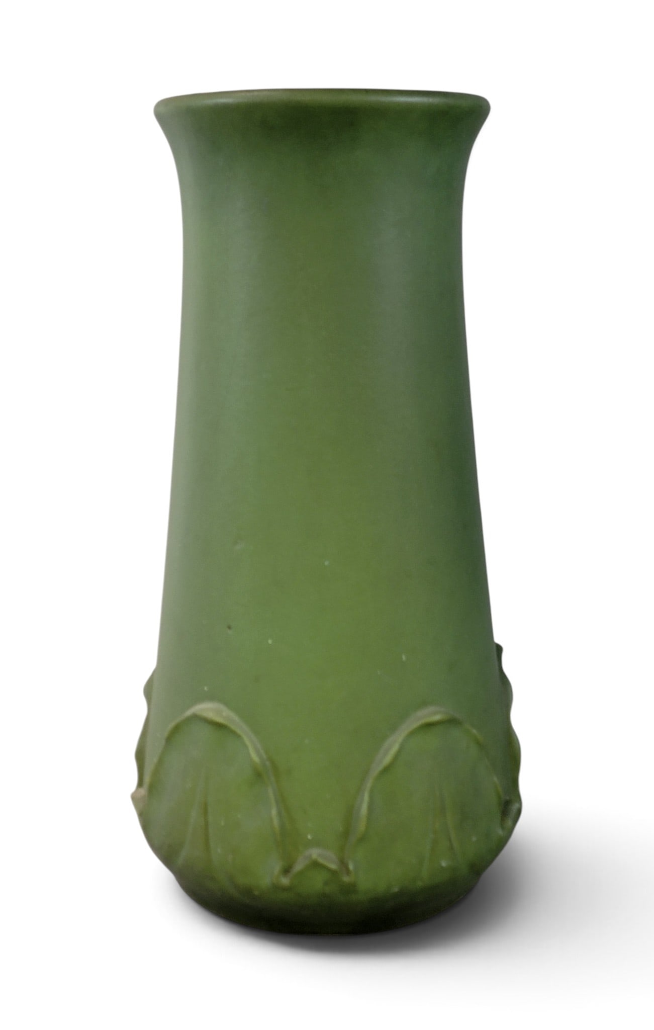 ROOKWOOD UMBRELLA STAND: Cincinnati, Ohio, 1900. Marked with RP and 14 flames, shape 1066. With molded leaves at the bottom, and mat green glaze. 24" high. Provenance: a Pennsylvania collection. NOTE: We are happy to answer