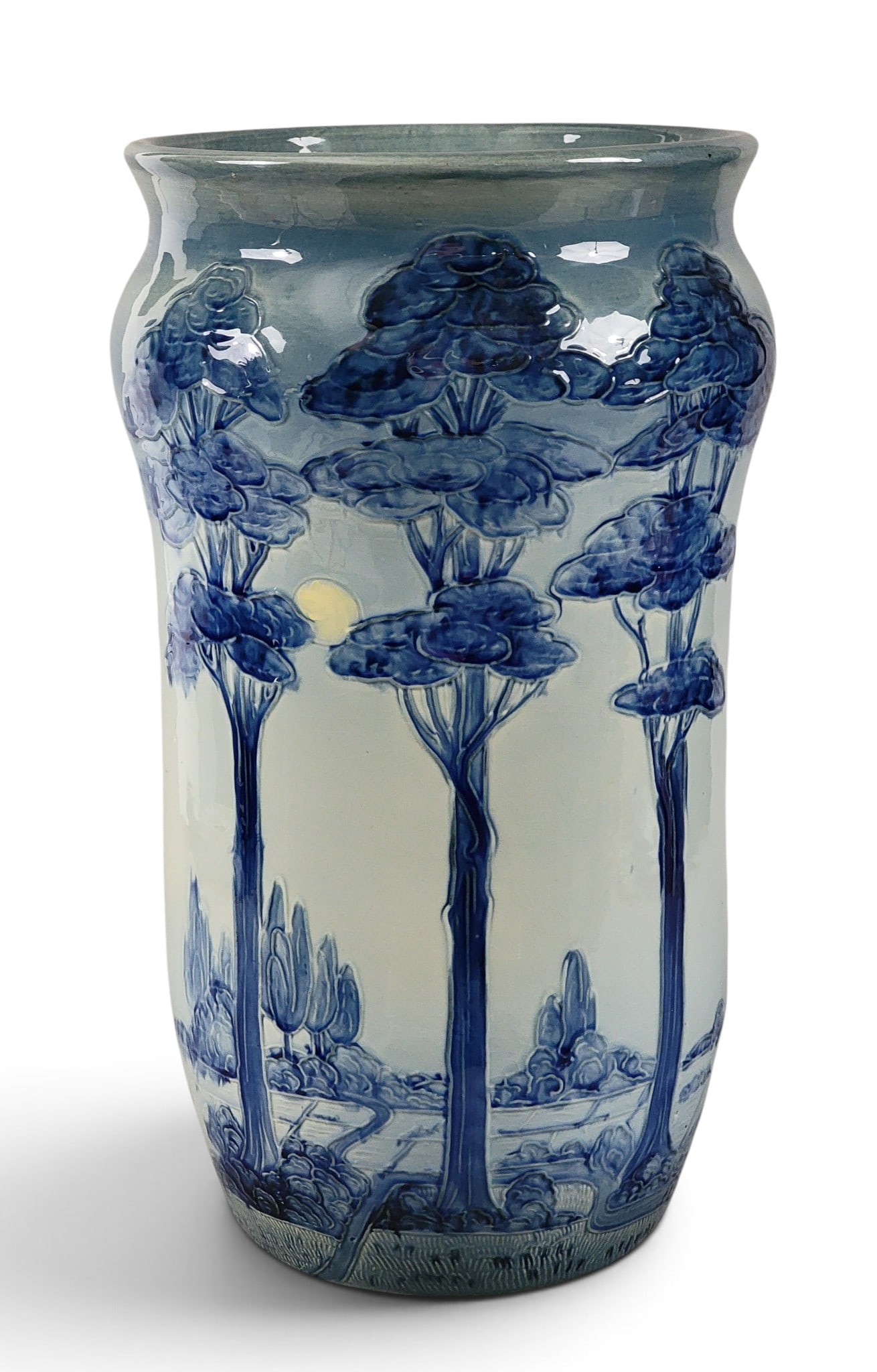 WELLER JAP BIRDIMAL UMBRELLA STAND: Zanesville, Ohio, c. 1903. Designed by Frederick Hurten Rhead, glazed in hues of blue, with trees and a moon. 20" high. Provenance: a Pennsylvania collection. NOTE: We are happy to answer questions an