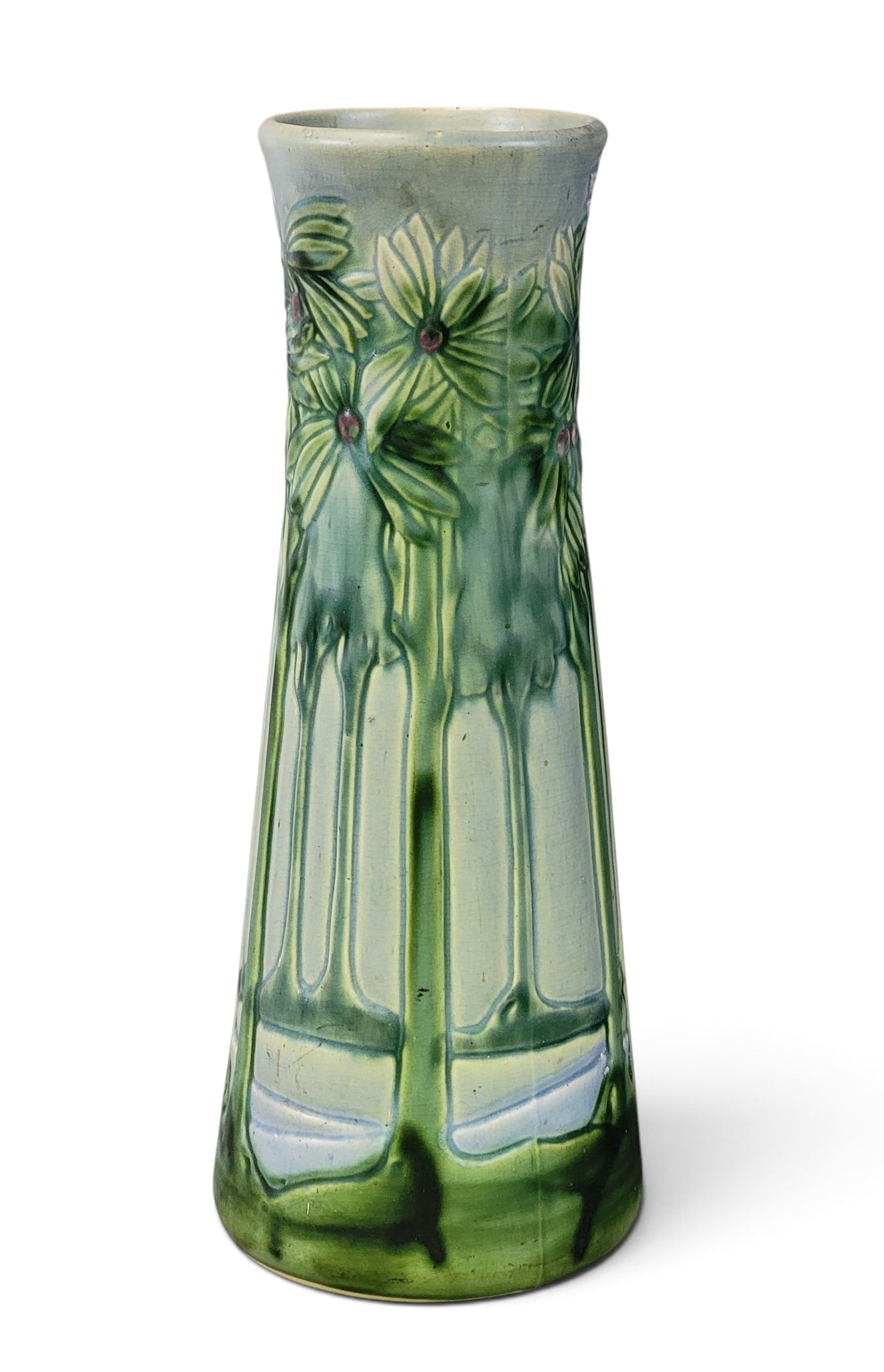 ROSEVILLE VISTA ART POTTERY VASE: Roseville, Ohio, c. 1920. 120-18, flared rim and base, with molded and glazed decoration. 17.5" high. Provenance: a Pennsylvania collection. NOTE: We are happy to answer questions and take additional