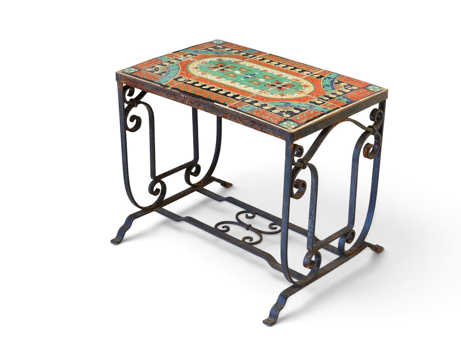 CALIFORNIA TILE-TOP TABLE: American, early 20th century. Brightly colored tile top on a wrought-iron base. 20.5" high, 24.5" wide, 16.25" deep. Provenance: a southwest Ohio collection; mostly collected at local farm and estate