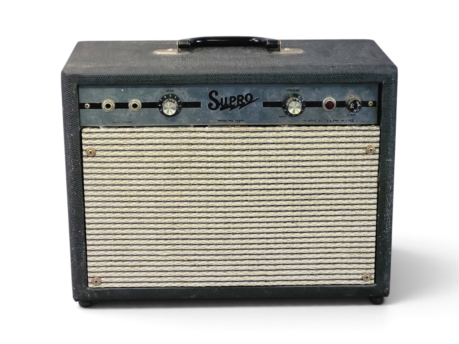 SUPRO SUPER SIX AMPLIFIER: Model S6606, 4.5W, with one 8" Jensen speaker, one channel, and two inputs. 12" high, 15.75" wide, 6.5" deep. Provenance: a southwest Ohio collection; mostly collected at local farm and estate