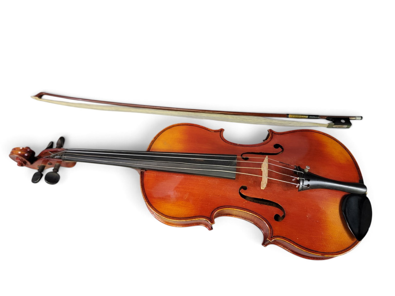 MARC LABERTE VIOLIN: Labeled Stradivarius copy, Mirecort, Vosges, France, mid-20th century. 16" body, 26" overall. With bow and case. Provenance: a southwest Ohio collection; mostly collected at local farm and estate