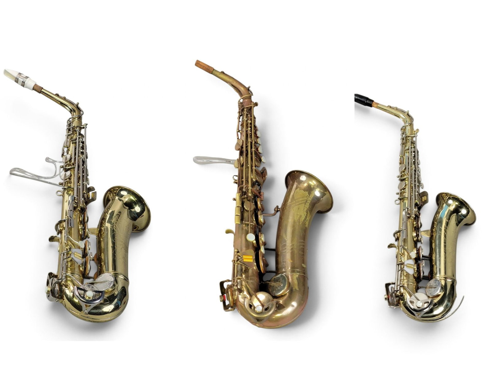 THREE ALTO SAXOPHONES: All vintage. Includes Vito sax, 24.5" long, with case; and two Conn Shooting Stars alto saxophones, 26" and 27" long, both with cases. Provenance: a southwest Ohio collection; mostly collected at