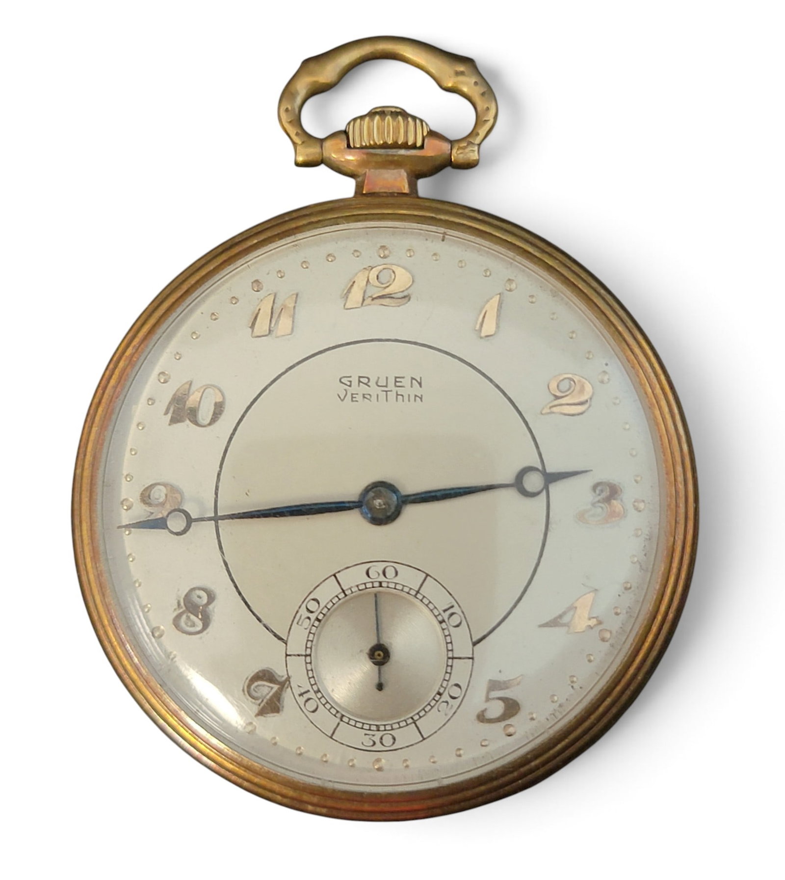 GRUEN VERITHIN 14K POCKETWATCH: Open face in the Art Deco style, 17j, 610689; case marked "14K CINCINNATI" and s/n 127014. Provenance: the Collection of Bill Williamsen, Grand Rapids, Ohio. NOTE: We are happy to answer questions