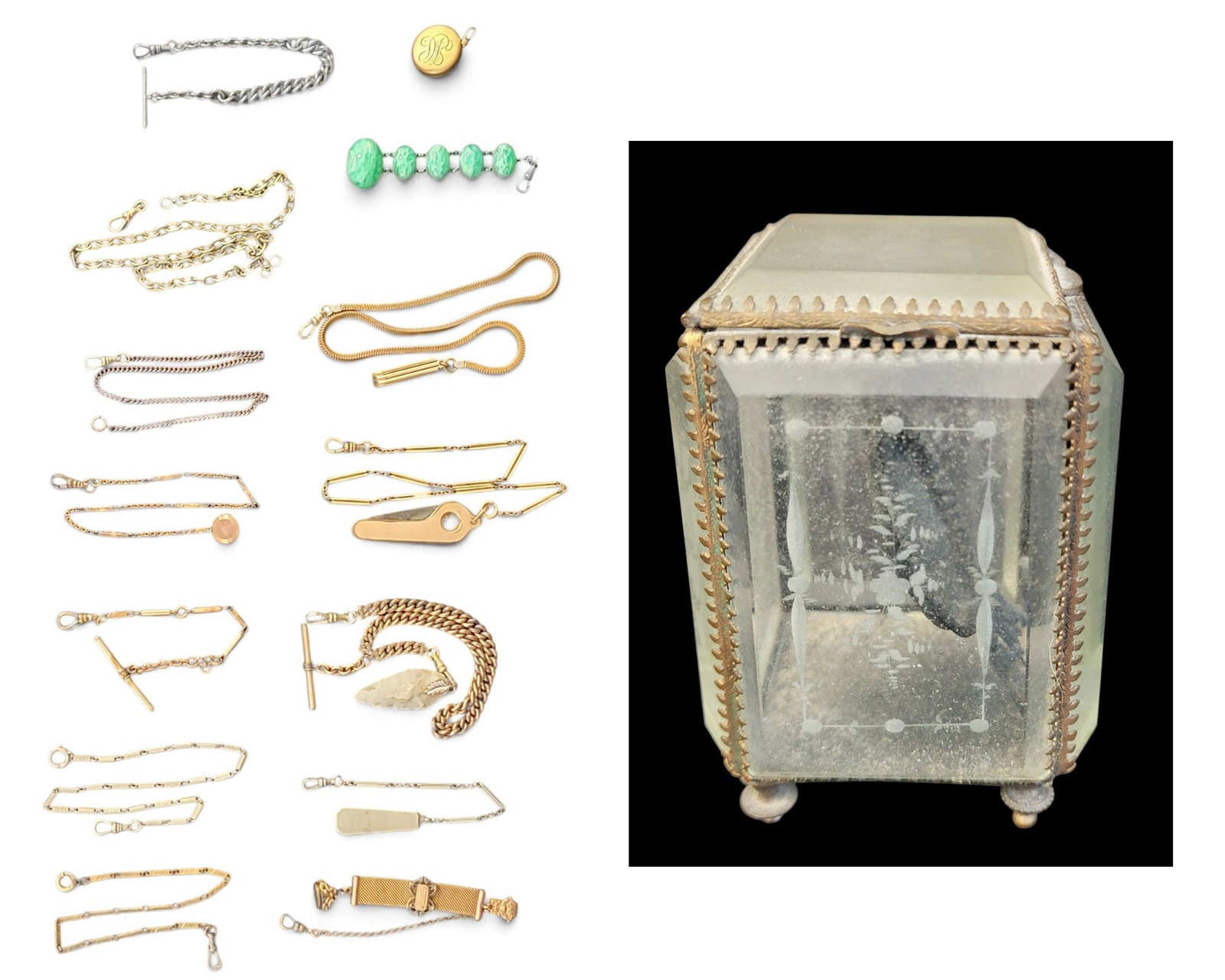COLLECTION OF WATCH FOBS & DISPLAY CASE: Includes 13 fobs of various metals (mostly gold-filled, and one sterling), including one with an arrowhead (later addition), and one with a cigar cutter; together with a gold-filled brooch with