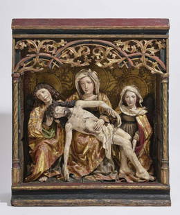The Lamentation of Christ - Hans Klocker (before 1474: The Virgin supporting Christ on her lap, his head and legs supported by St John and Mary Magdalene. Strongly carved draped robes. Housed within a shrine with twisted columns and openwork tracery, befo