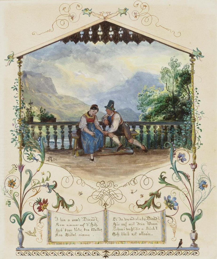 Eugen Napoleon Neureuther - Young Couple in Traditional: Monogrammed EN centre left and dated (18)35. Watercolour on vellum. 25.7 x 22 cm. Time-stained. Framed.