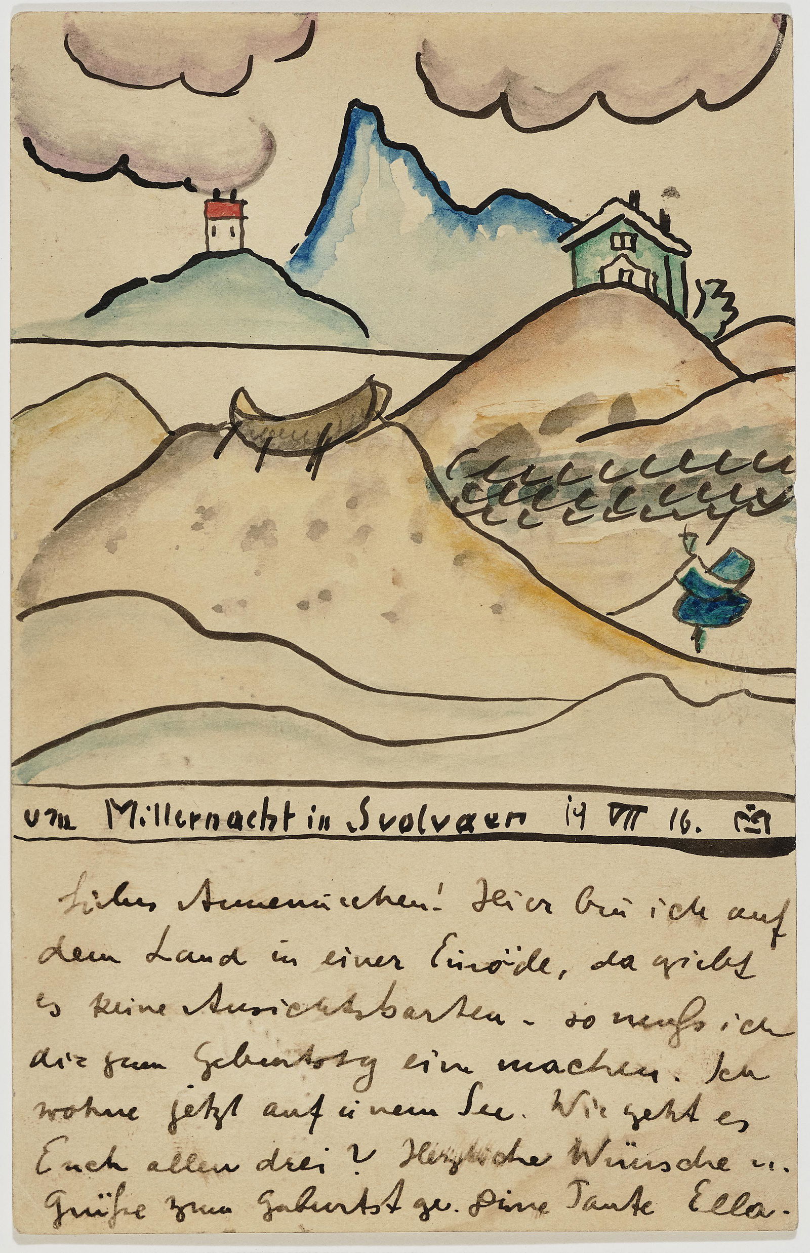 Greeting Card to Annemarie Münter for Her 12th: Münter, Gabriele Greeting Card to Annemarie Münter for Her 12th Birthday. 1916 2 pieces. Watercolour and pen and ink drawing on vellum and the address page of the postcard 9 x 9 cm (14 x 9 cm) The w