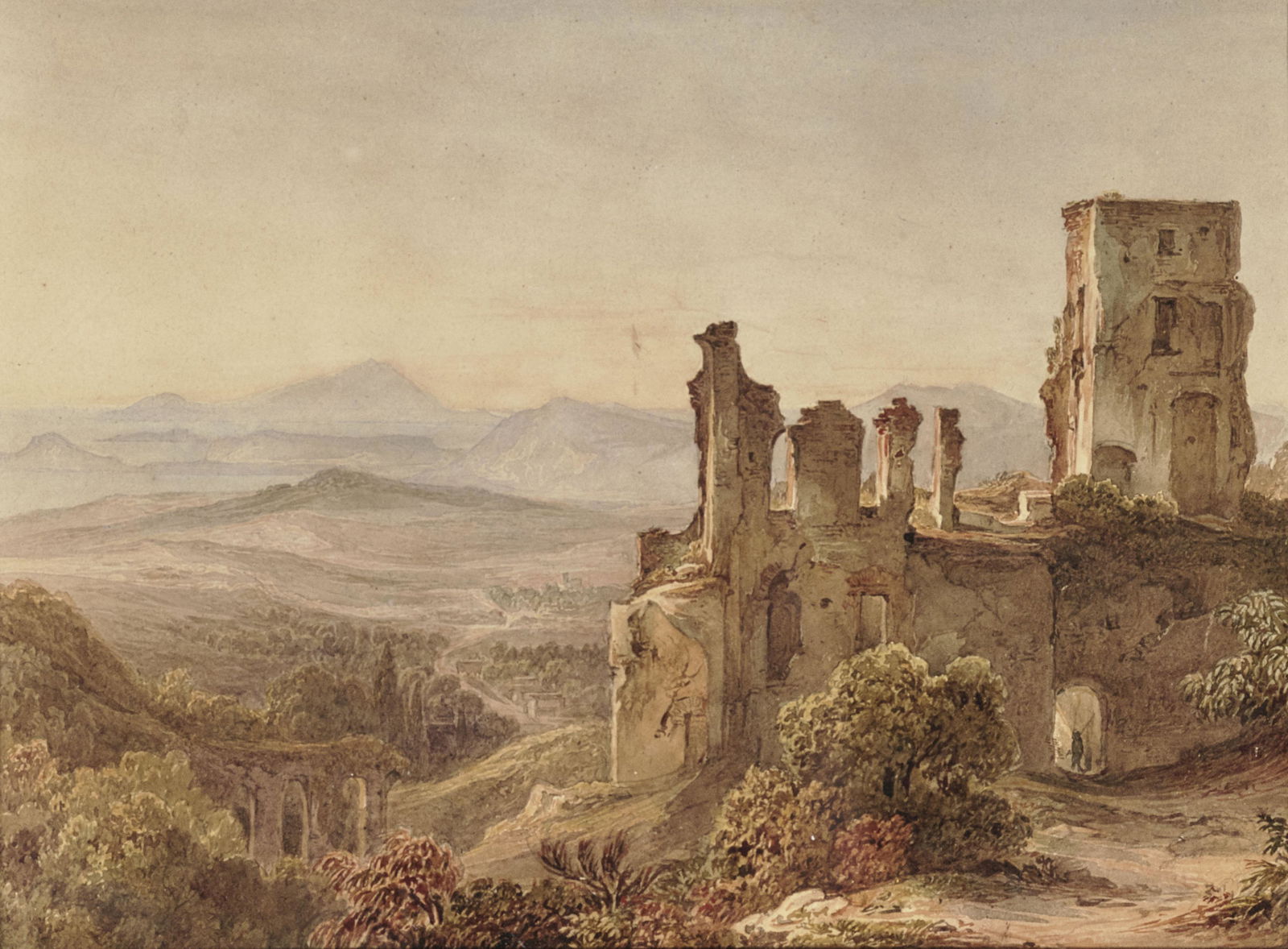 View from the ''Terrazza dell'Eremo dei Camaldoli'': Inscribed verso on cardboard ''Camaldoli bei Neapel'' as well as old attributions to Carl Rottmann's circle. Watercolour, black rimmed, on paper. 16.2 x 23.5 cm. Mounted. Slightly time-stained. Damage