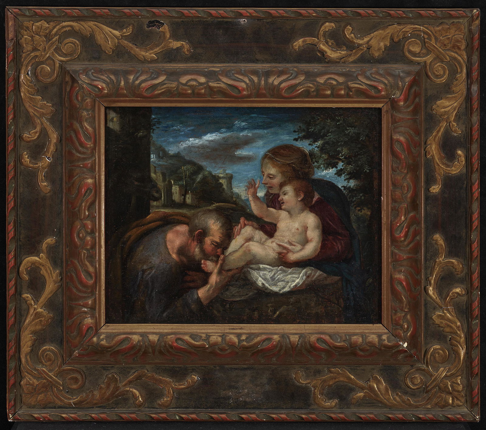 Rest on the Flight into Egypt: Remnants of wax seals verso. Oil on panel. 24 x 30.5 cm. Restored. Minor damage to frame. Ruhe auf der Flucht nach Ägypten Italien (Venedig ?), 17. Jh. Der Hl. Joseph die Füße des Jesuskindes küss
