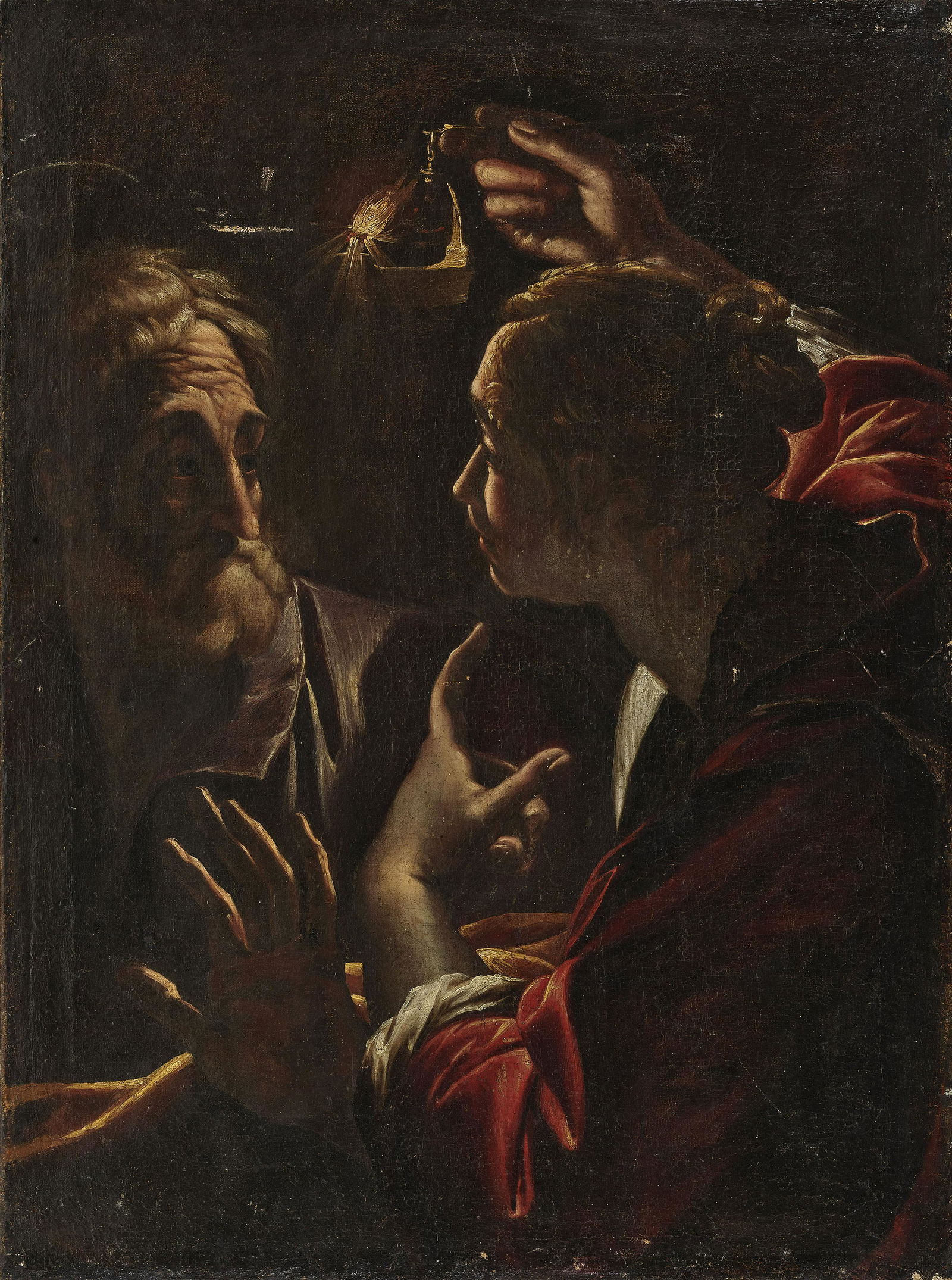 Denial of Peter: Oil on canvas. 94 x 70 cm. Relined. Restored. Damaged. Die Verleugnung des Hl. Petrus Niederlande (Utrecht?), 17. Jh. Öl auf Lwd. 94 x 70 cm. Doubliert. Rest. Besch. Dutch School (Utrecht?), 17th cen