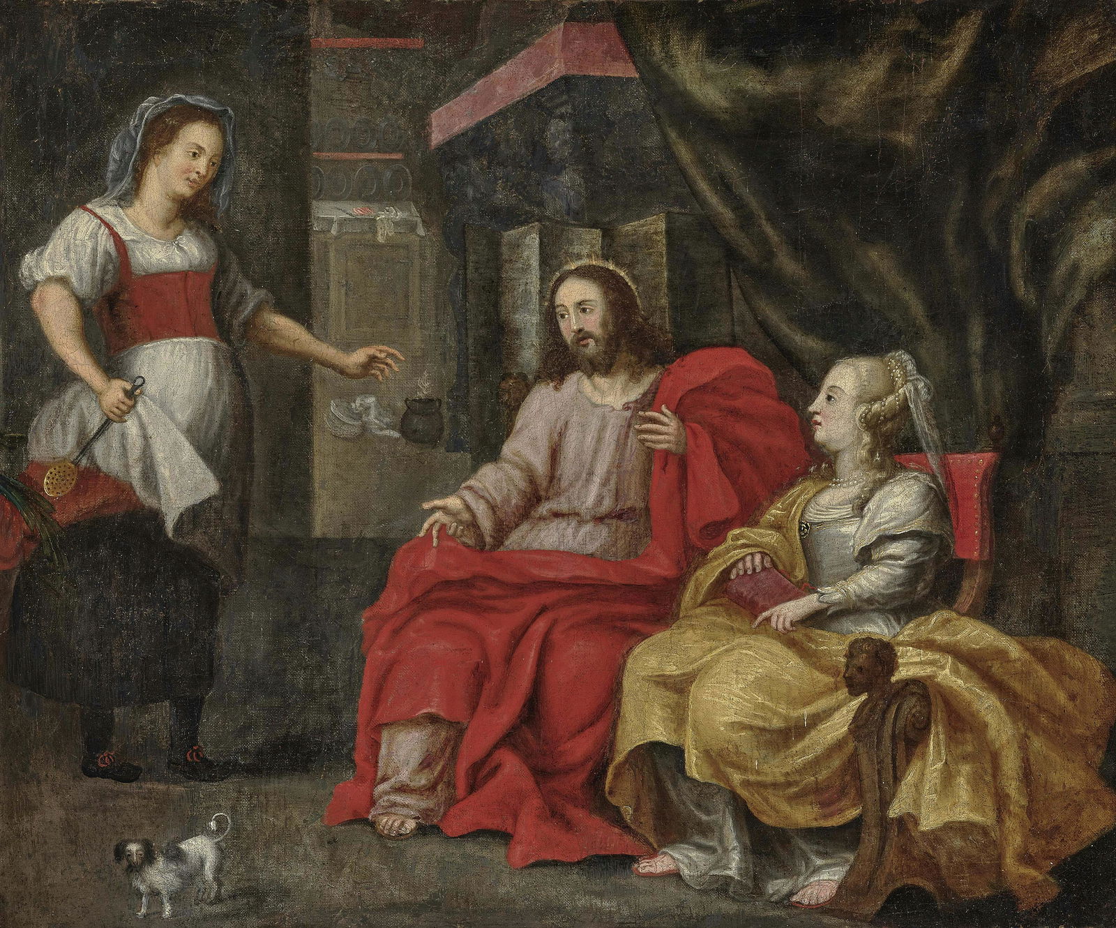 Christ in the Home of Martha and Mary: Oil on canvas. 65 x 78.5 cm. Relined. Restored. Minor damage. Damage to frame. Christus im Haus von Maria und Martha Flämisch, 17. Jh. Öl auf Lwd. 65 x 78,5 cm. Doubliert. Rest. Min. besch. Rahmen b