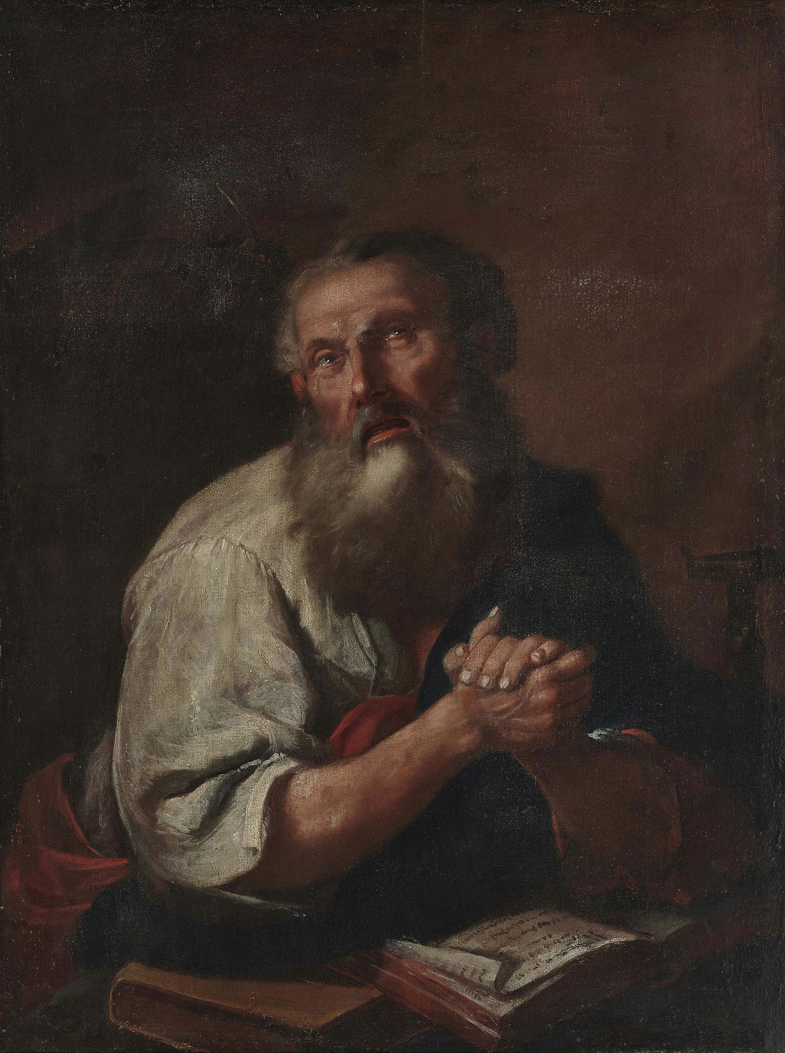 A Bearded Scholar: Oil on canvas. 98 x 73.5 cm. Relined. Restored. Minor damage. Minor damage to frame. Bärtiger Gelehrter Italien (?), 17. Jh. (Apostel?). Öl auf Lwd. 98 x 73,5 cm. Doubliert. Rest. Min. besch. Rahmen