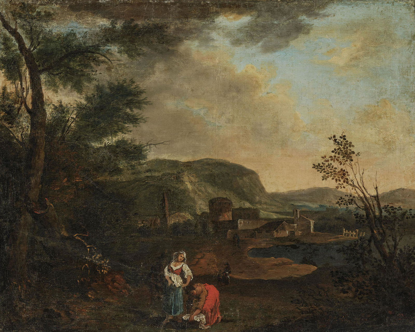 Italian Landscape with Figure Scenery: Oil on canvas. 58 x 73 cm. Relined. Restored. Damaged. Minor damage to frame. Italienische Landschaft mit Figurenstaffage Unbekannt, 17. Jh. Öl auf Lwd. 58 x 73 cm. Doubliert. Rest. Besch. Rahmen min