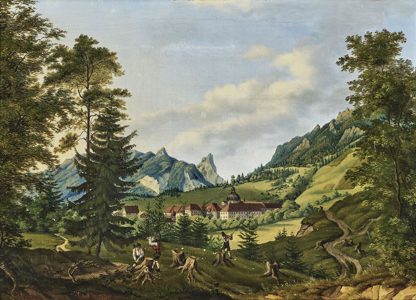 Forest Workers in Front of the Ettal Abbey: Oil on canvas. 41 x 57 cm. Relined. Restored. Damaged. Minor damage to frame. Waldarbeiter vor dem Kloster Ettal Süddeutsch, 19. Jh. Öl auf Lwd. 41 x 57 cm. Doubliert. Rest. Besch. Rahmen min. besch