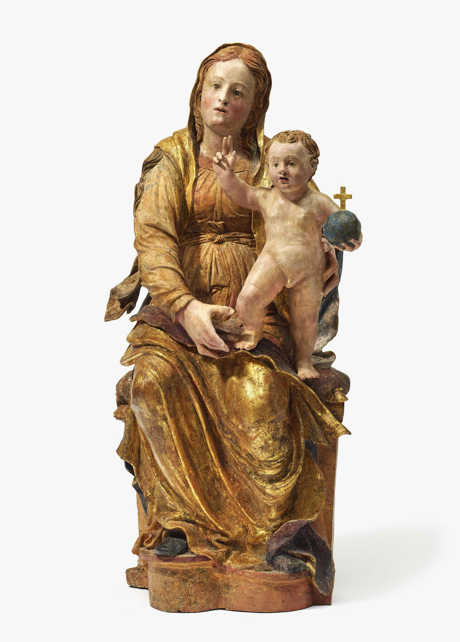 Madonna and Child: Hardwood, hollowed out back, restored. Polychrome painting restored. H. 106 cm. Dating/ Location/ Manufacturer: Italy 2nd half of the 17th century Auf Deutsch Titel: Maria mit Kind Bezeichnung: Maria