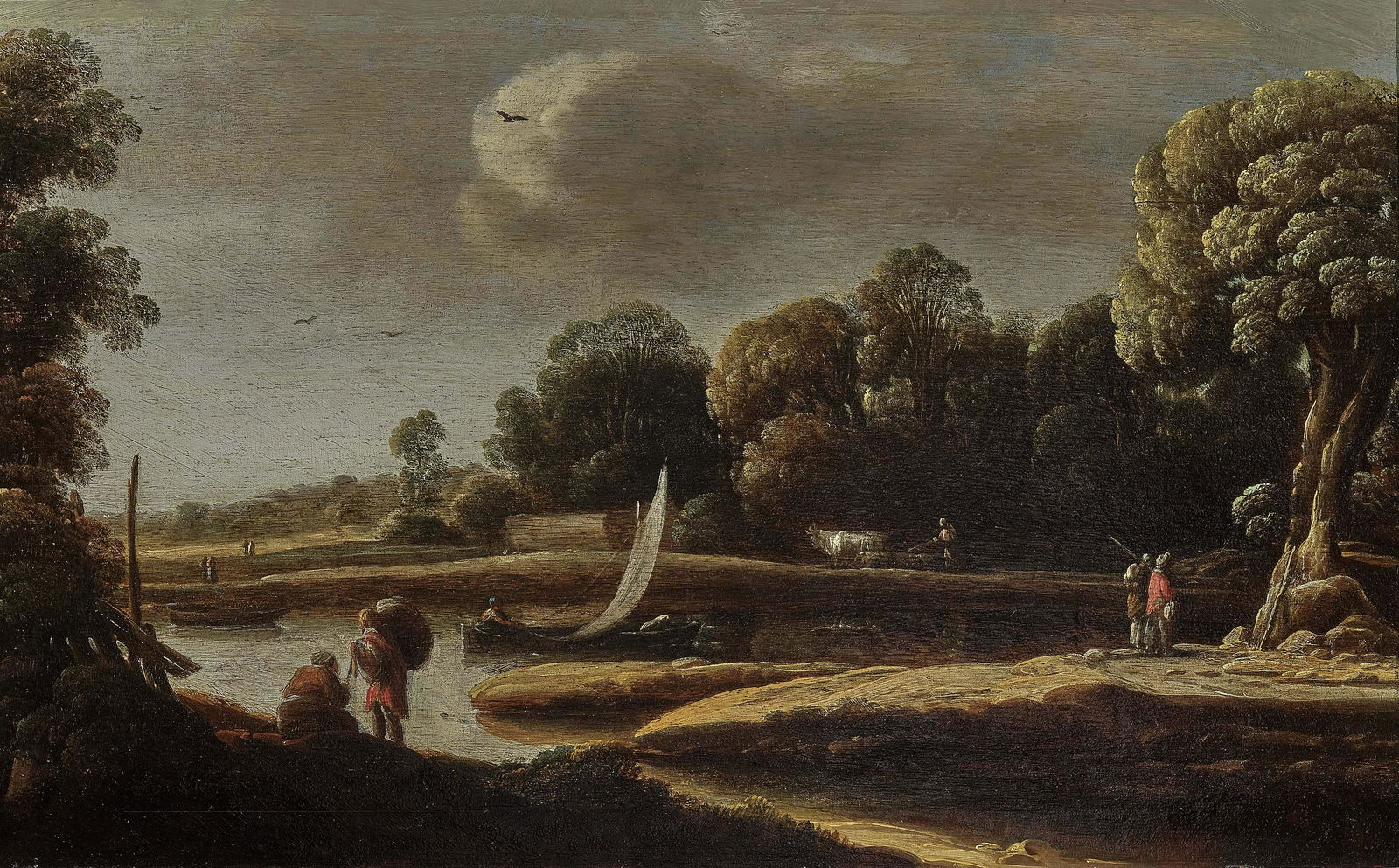Uferlandschaft mit Fischerboot und bäuerlicher: Gottfried (Goffredo) Wals - Uferlandschaft mit Fischerboot und bäuerlicher Figurenstaffage Künstler Gottfried (Goffredo) Wals Manufaktur/ rt/ Design/ Biographie um 1600 Köln - 1638 o. 1