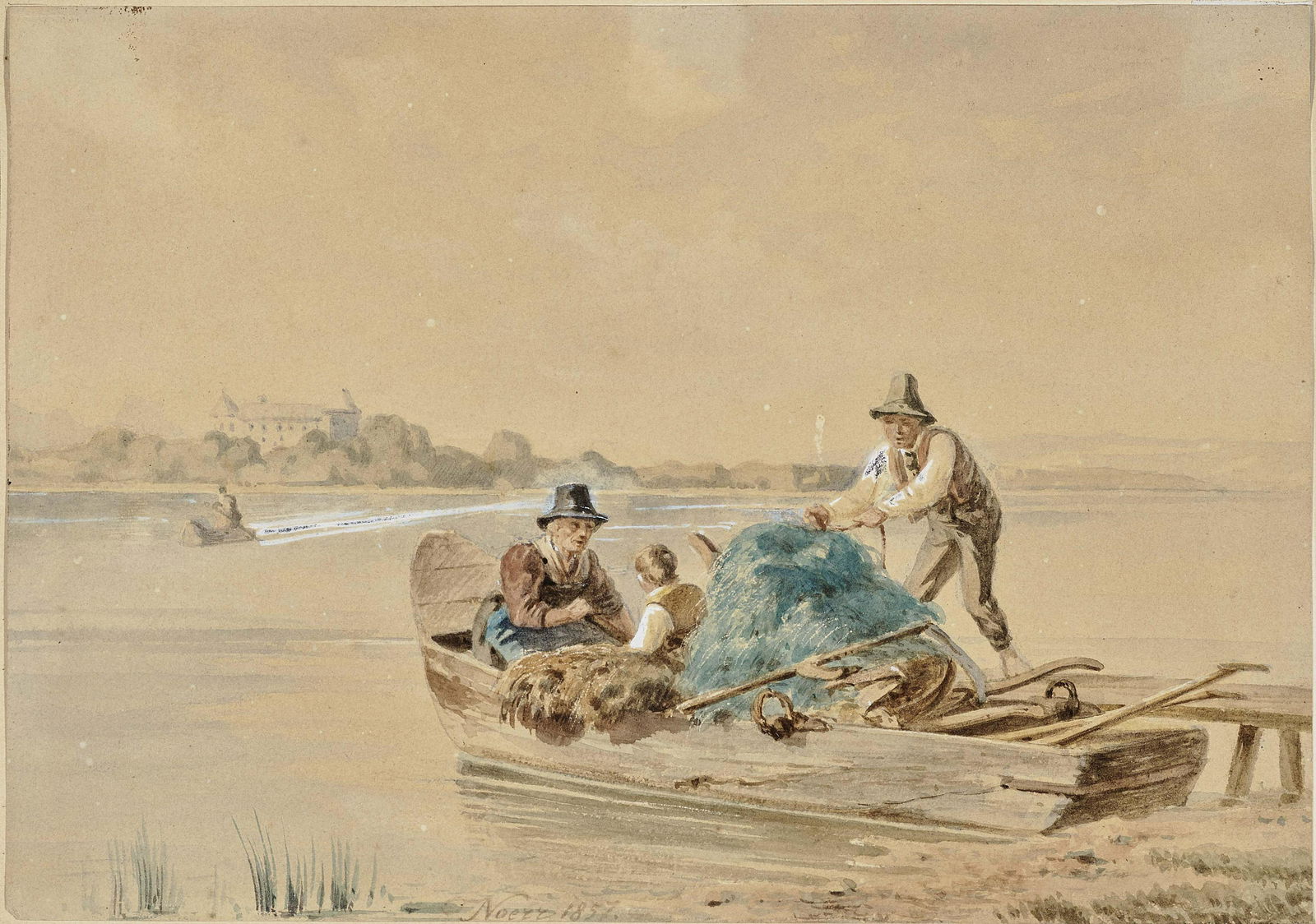 Julius Noerr (1827 München - 1897 Starnberg) -: Julius Noerr - Bauernfamilie im Kahn auf dem Chiemsee Julius NoerrPeasant Family in a Boat on Chiemsee Signed lower centre and dated 1857. Watercolour, partially heightened in white, on thin cardboard