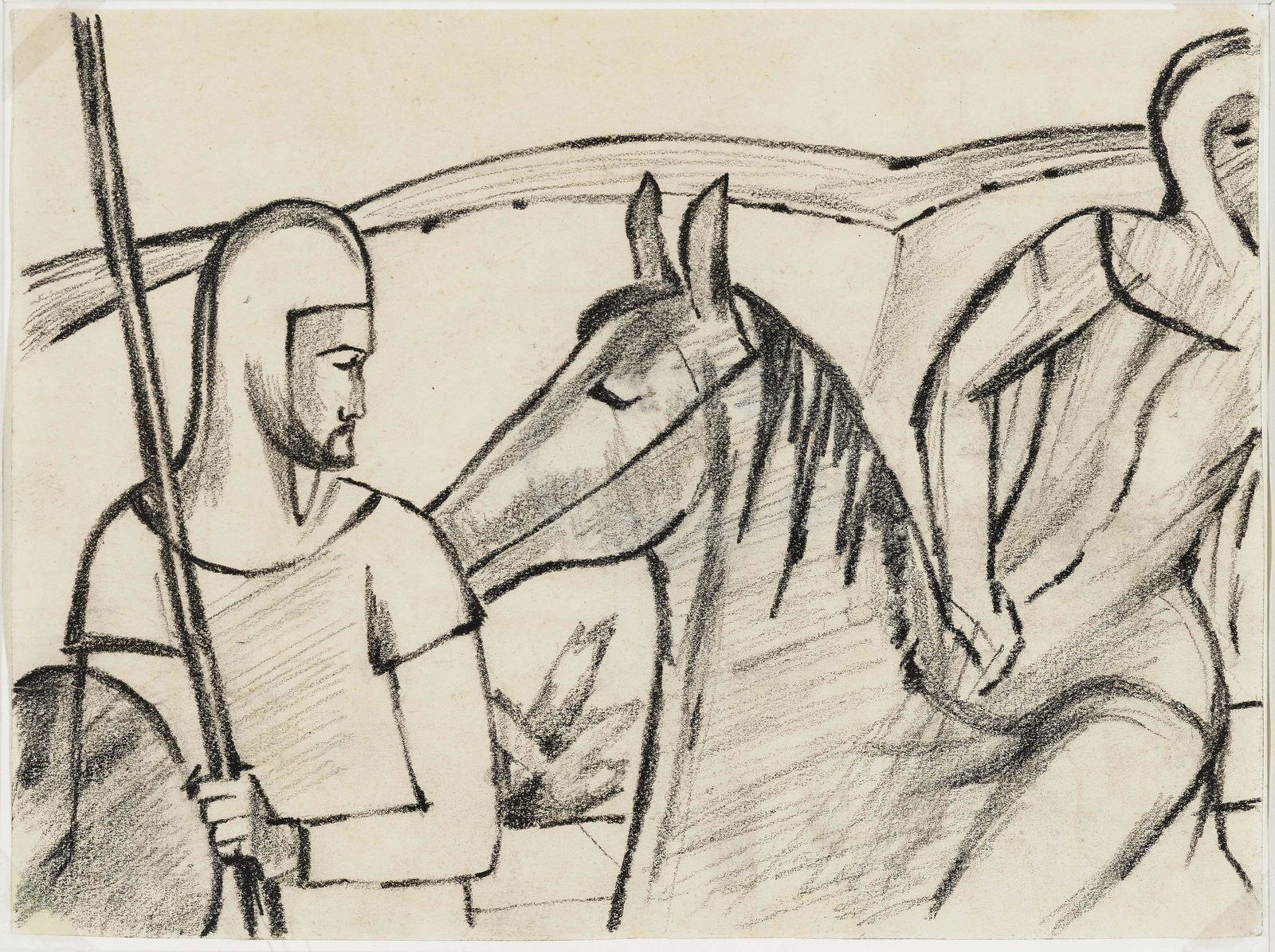 August Macke (1887 Meschede - 1914 Perthes-les-Hurlus ): August Macke - Reiter mit Pferd. 1911 August Macke1887 Meschede - 1914 Perthes-les-Hurlus Rider with horse. 1911 Estate stamp of August Macke verso. Pencil, washed on chamois-coloured paper. 12.4 x 16