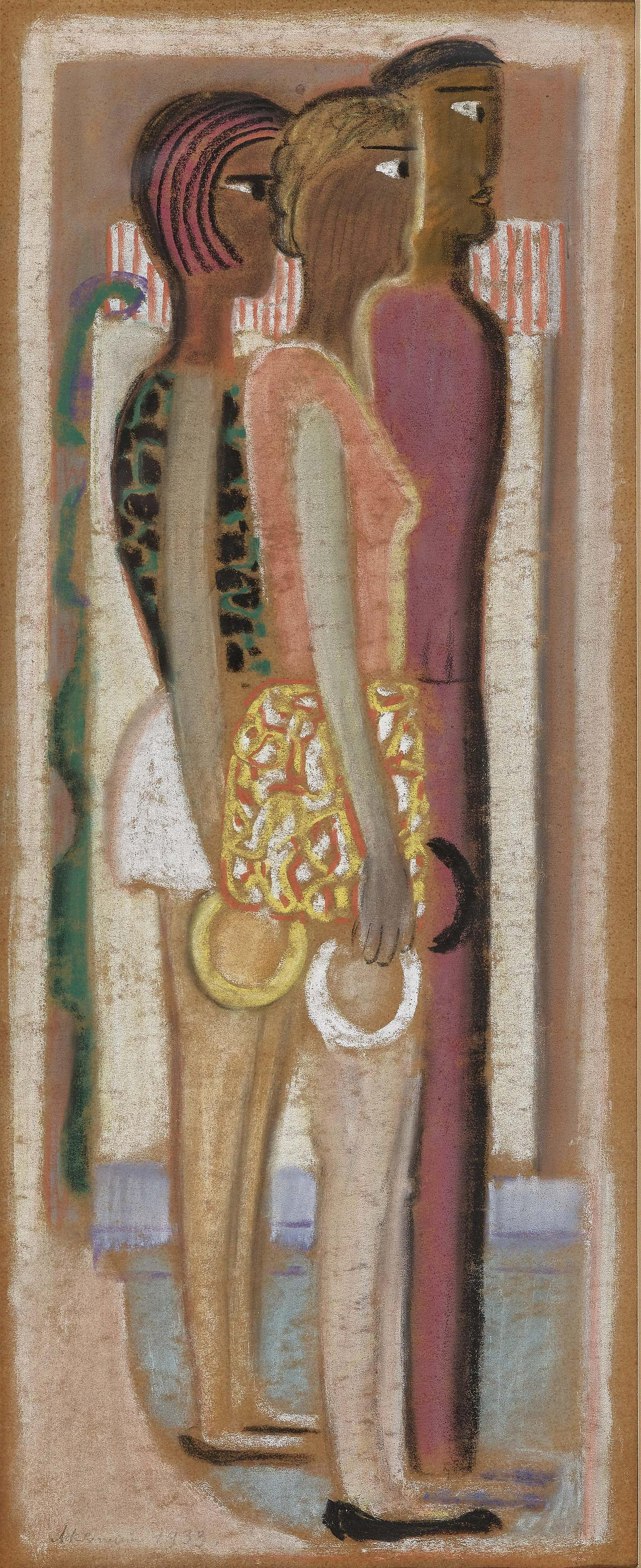 Max Ackermann (1887 Berlin - 1975 Bad Liebenzell) - The: Max Ackermann - Die Ringspieler. 1933 Max Ackermann1887 Berlin - 1975 Bad Liebenzell The ring players. 1933 Signed and dated in the picture lower left. Pastel drawing on very thin paper. 46 x 18.5 cm.