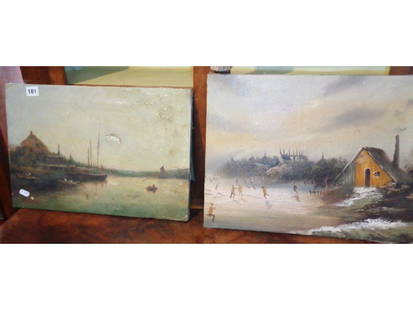 Oil on canvas (unframed) of a river scene with boats: Oil on canvas (unframed) of a river scene with boats and figures by George STAINTON (1855-1899) damaged, and a Continental oil on canvas of skaters