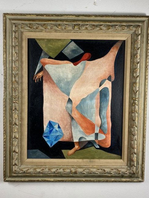 Surrealist Painting In The Manner of Salvador Dali: Fascinating 20th Century Canvas Laid On Masonite Oil Painting Surrealist Scene Full of Mystery.In Frame-27 1/2" High x 23 1/2" Wide x 1" Deep.Painting Alone-20 " High x 16" Wide.