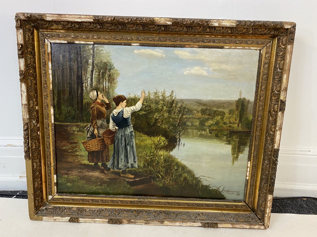 Pius Ferdinand Messerschmitt Landscape Painting: 1890 Oil On Canvas Painting Of Country Women on Farm Landscape Painted By Listed German Artist Pius Ferdinand Messerschmitt. Signed P F Messerschmitt Munchen 1890.In Original Frame Measurements are 33