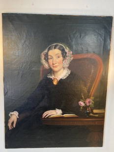 Grand Scale 19th Century American Portrait: Oil On Canvas Portrait Of Lace Adorned with Cameo Seated Victorian Woman.Signed En Verso And Dated.Finely Painted And Detailed.Measurements are 44 1/2” High x 34” Wide x 1” Deep.