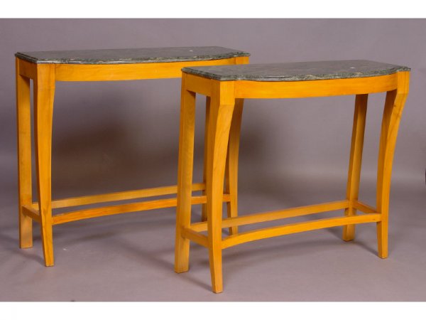 PAIR MODERN MARBLE TOP CONSOLE TABLES: Birch bow front with curved front legs and stretchers, straight back legs and stretchers. Green marble tops. 41 x 15 x 36."