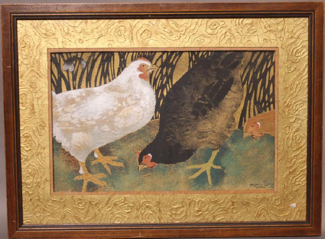 Georges MANZANA-PISSARRO (1871-1961) Composition: Georges MANZANA-PISSARRO (1871-1961)Composition avec des poules Gouache au pochoir sur fond or, signée en bas à droiteEpreuve d'artiste28 x 45 cm