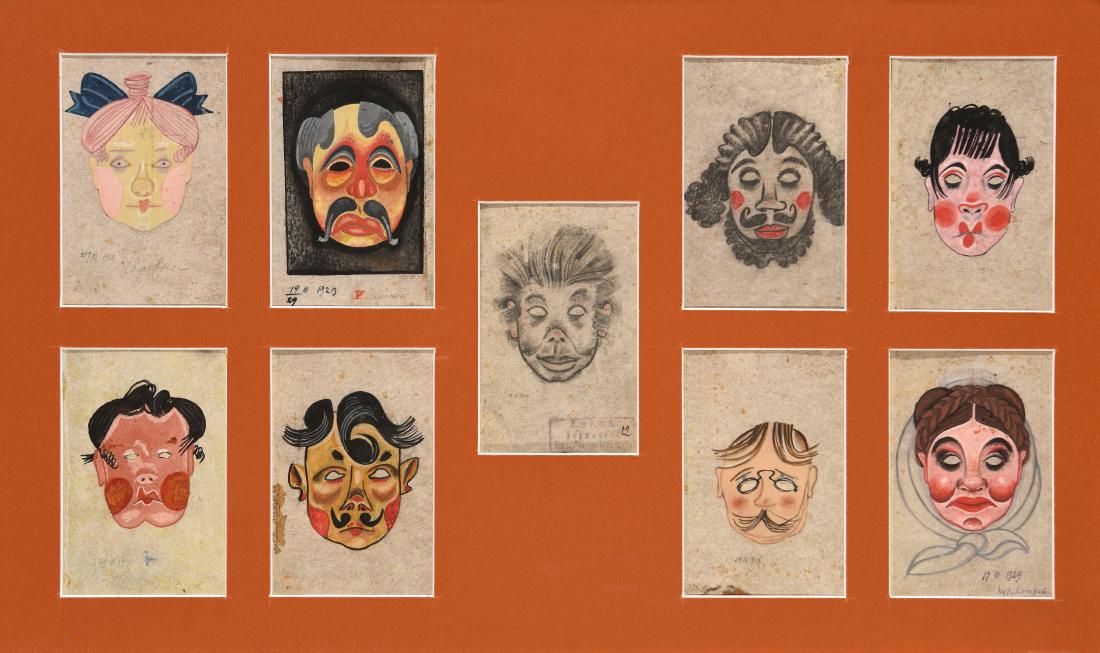 KOSSAREV Boris Vassilievitch (1897-1944).: Ensemble de neufs esquisses pour le maquillage des personnages du ballet de G. Kotcherguine « Marko en enfer » joué en 1929 au théâtre Artéma de Donetsk. Gouaches et mine