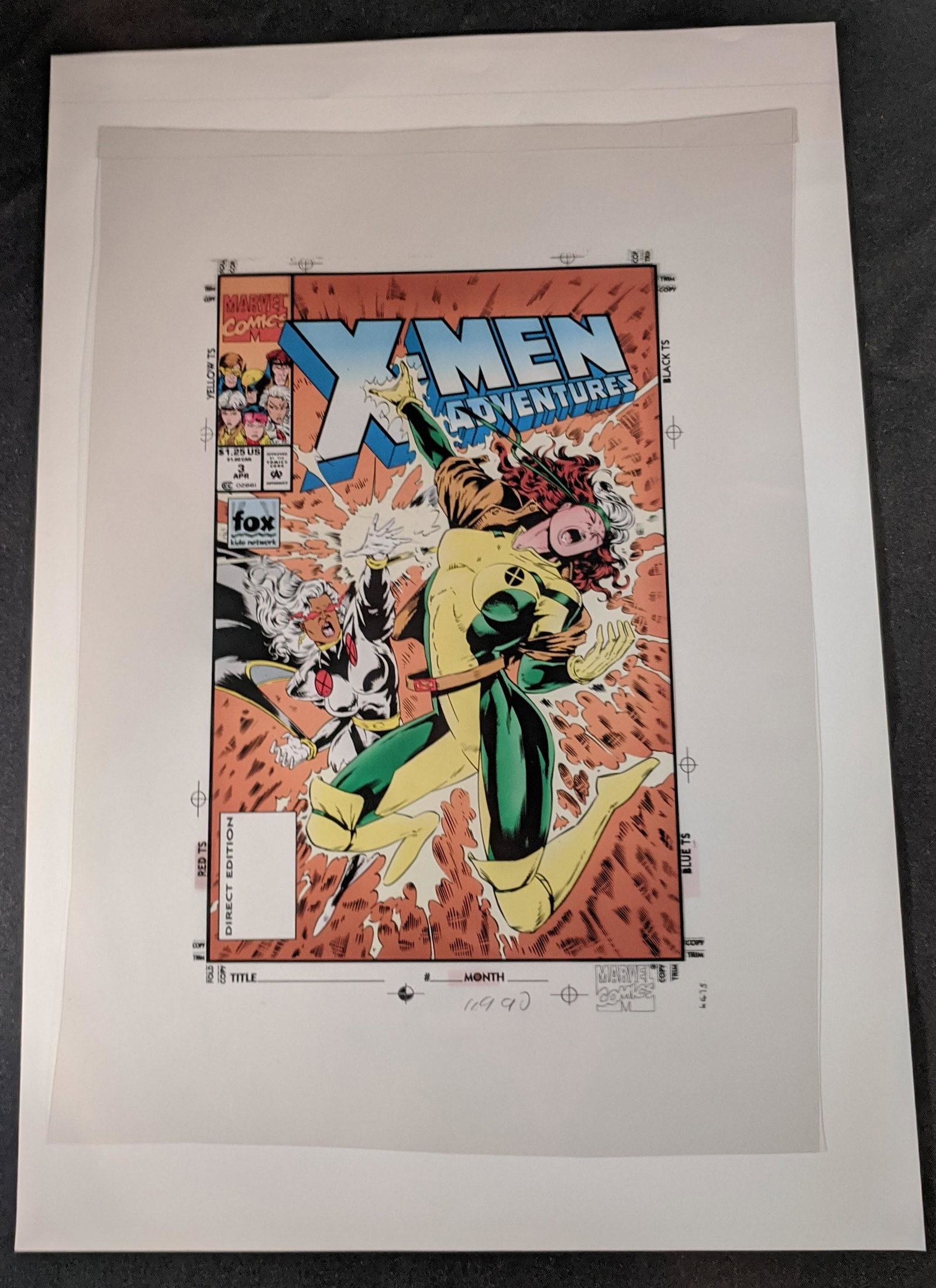 X-Men Adventures #3 Cover Original Production Art: X-Men Adventures vol. 2, #3 Cover Original Color Proof Production Art, from Marvel Comics in 1994, penciled by John Hebert and inked by Jeff Albrecht. Cover image depicts Rogue crying out while being