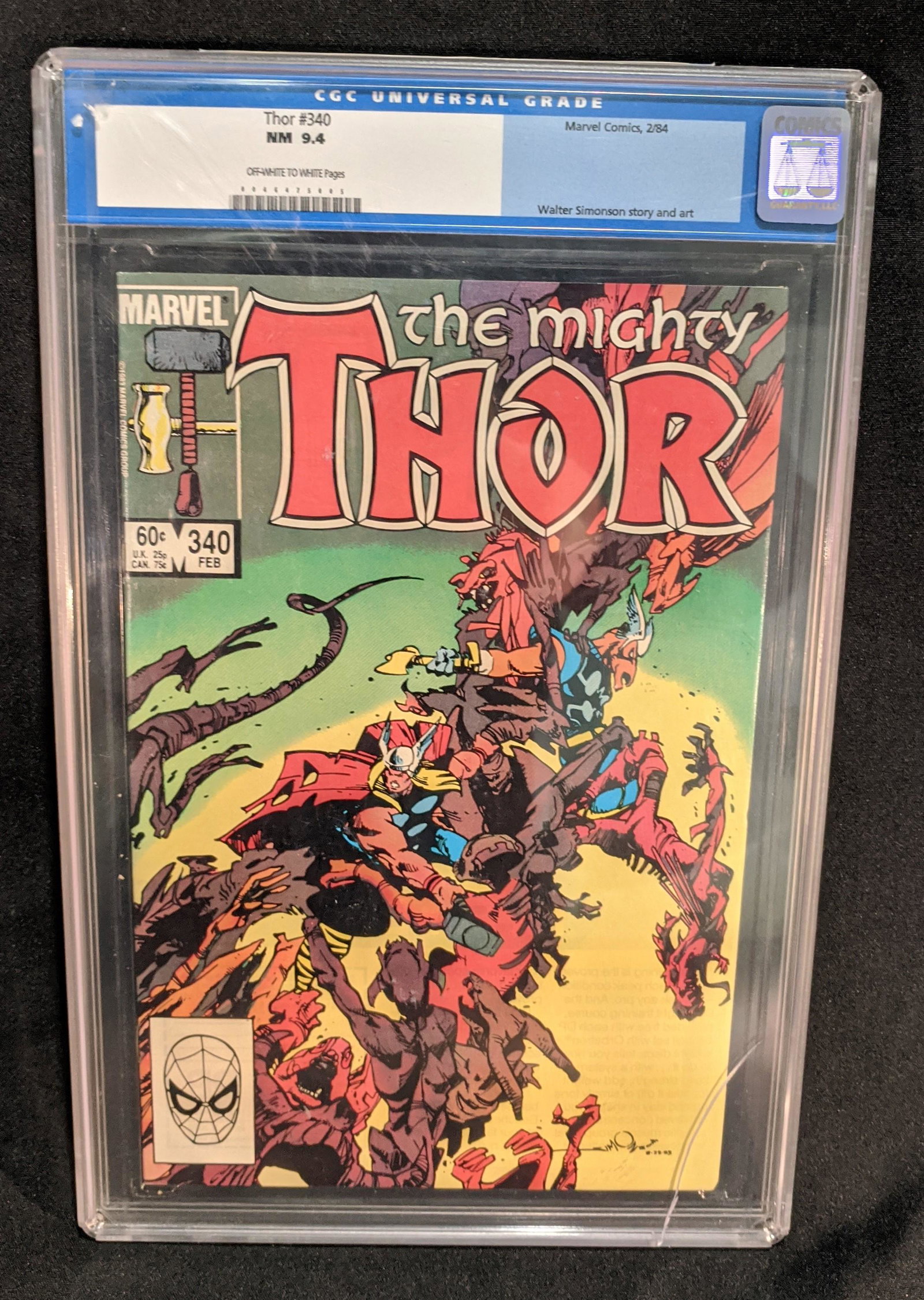 Mighty Thor #340 CGC 9.4 Beta Ray Bill 1984 Simonson: The Mighty Thor #340, CGC graded NM 9.4. Thor and Beta Ray Bill fight a barrage of Demons side-by-side at the galactic core in "Though Hel Should Bar the Way!". Cover, script and art by the great Walt