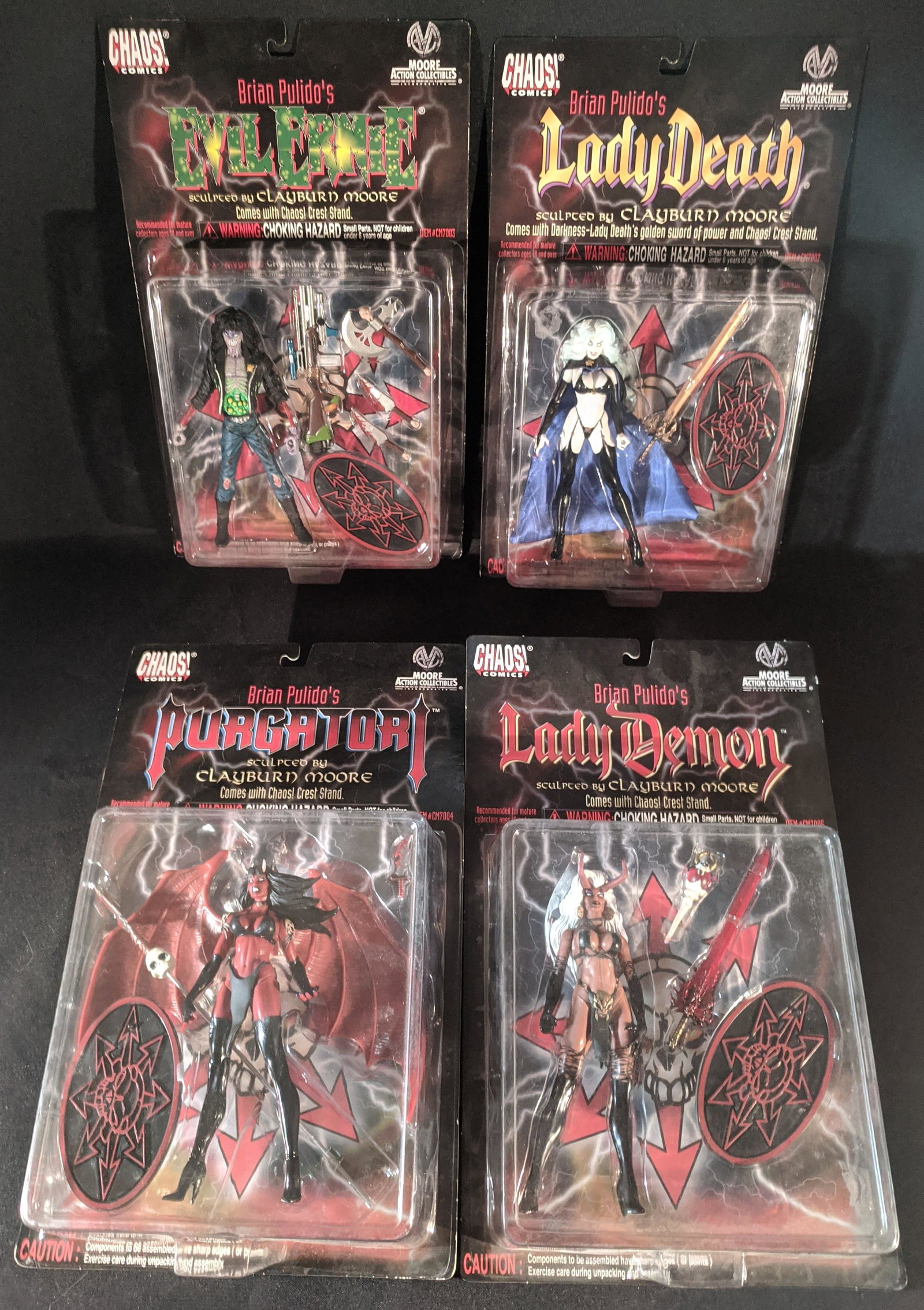 Chaos! Comics MAC Figure Full Set 4 Series 1 MOC Lady: Brian Pulido’s Chaos! Comics Complete series 1 Figure Full Set of Lady Death, Evil Ernie, Purgatory and Lady Demon released by Moore Action Collectibles in 1997. All figures are sculpted by the