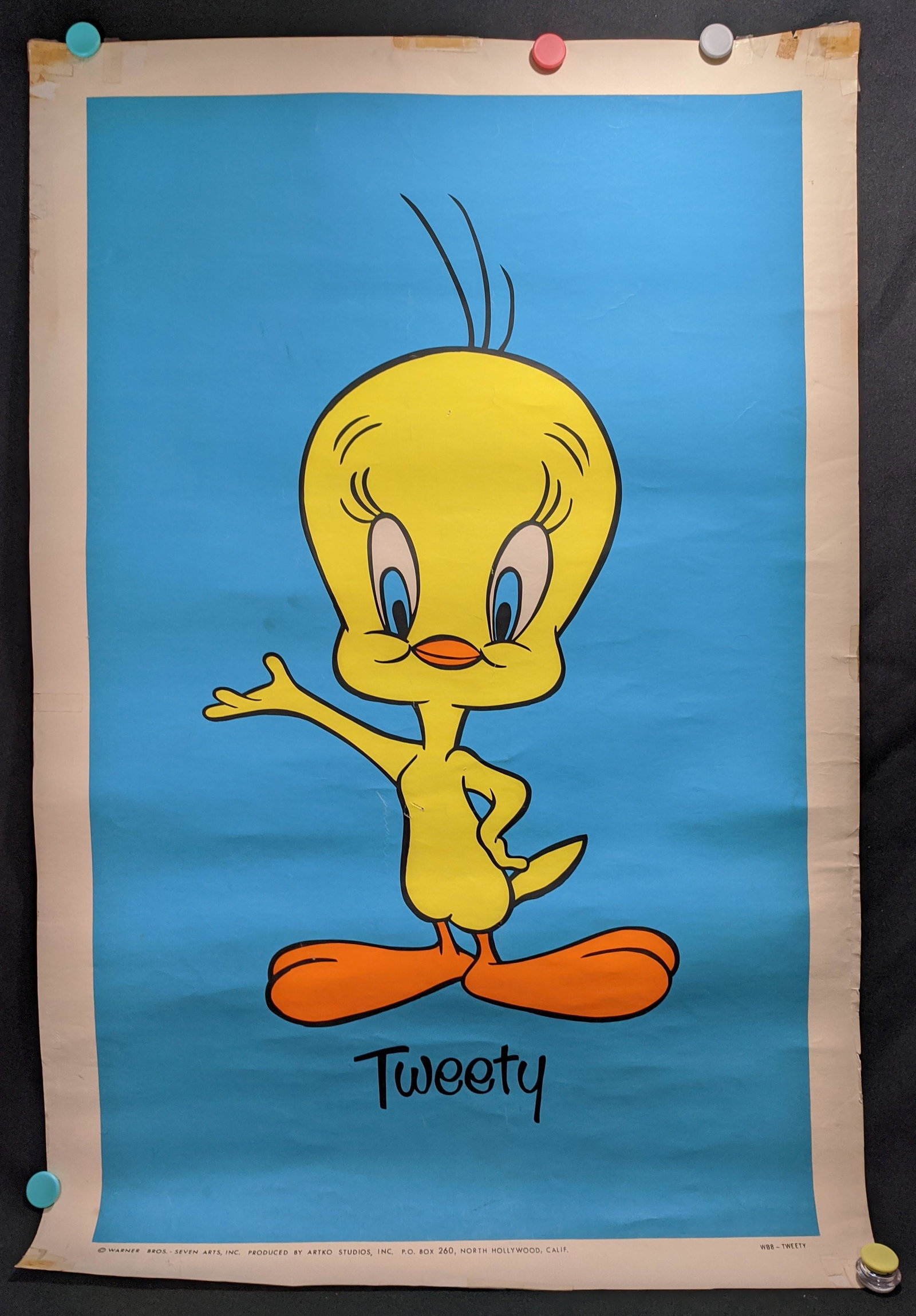 Two Vintage 1960s Blacklight Posters Tweety Snoopy: Lot of 2 Vintage 1960’s Blacklight Silk Screen Posters featuring Peanuts and Looney Tunes characters. The first shows Charlie Brown standing next to his beagle, Snoopy, who sits with his little yell