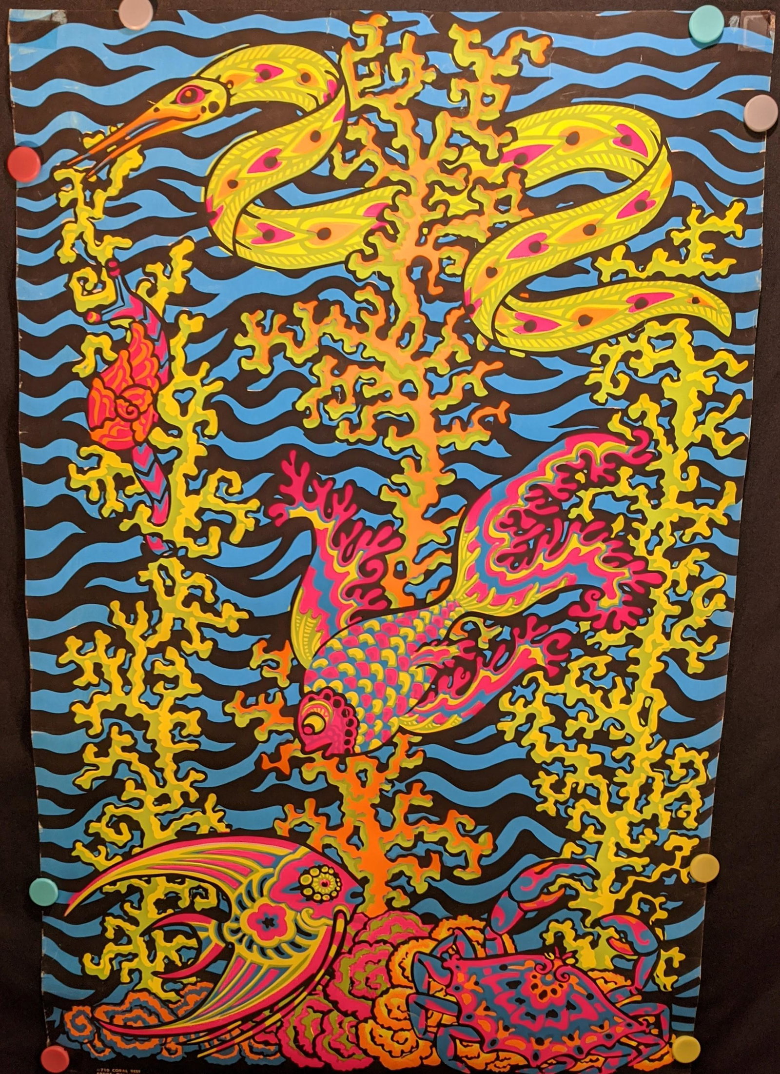 Two Vintage Third Eye Inc Psychedelic Blacklight Poster: This lot consists of 2 vintage Psychedelic Silk Screen Blacklight Posters made by The Third Eye Inc. in 1968. Poster #500 Titled “OP Eyes” by artist Pat Finney and #710 Coral Reef by artist Orland