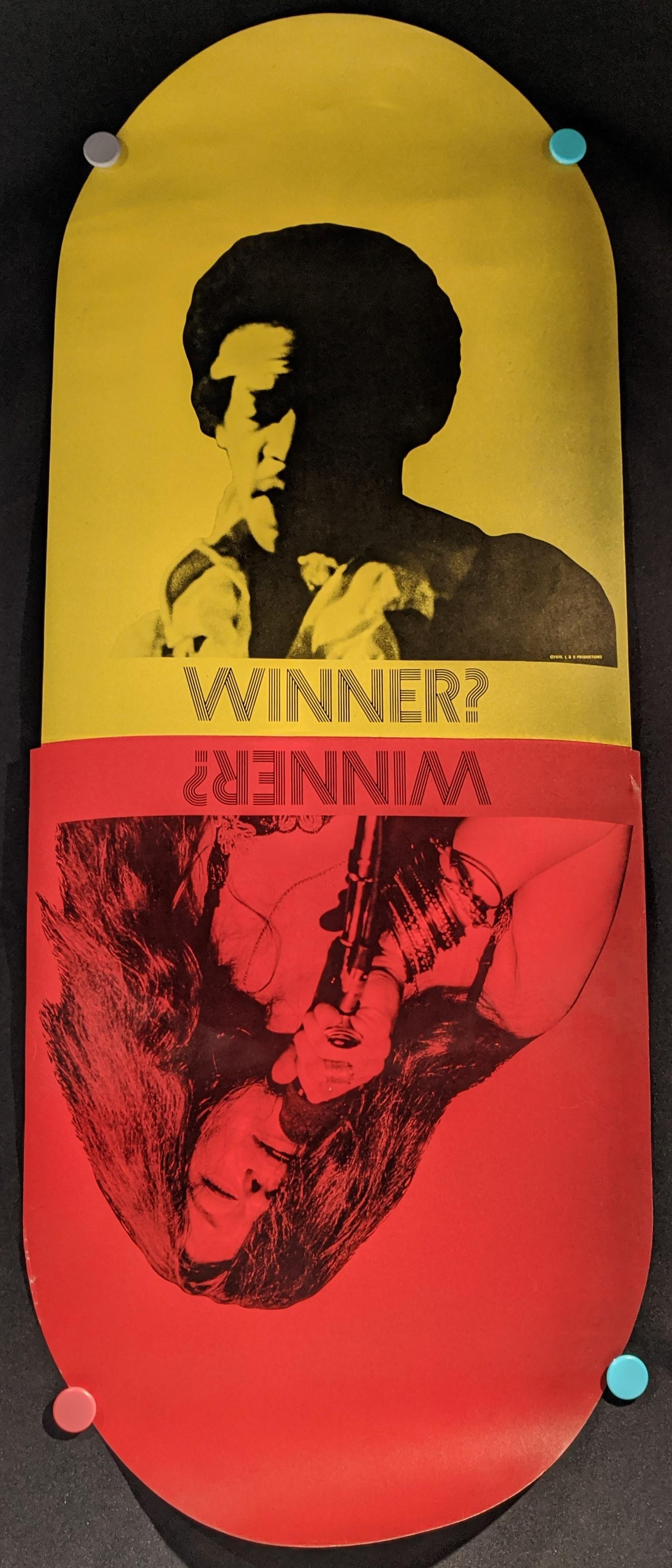 Vintage Jimi Hendrix Janis Joplin WINNER? Poster L&S: This, die-cut, pill-shaped poster highlights the drug-related deaths of Jimi Hendrix and Janis Joplin, both at the tragically young age of 27. Hendrix, one of the most influential electric guitarists