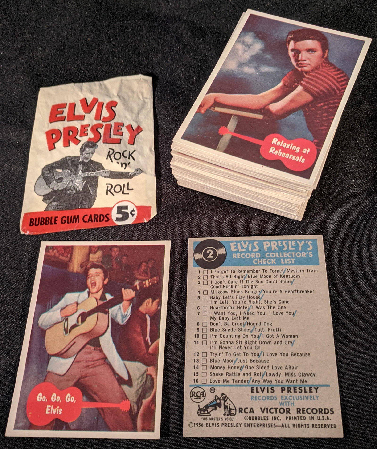 Complete 1956 ELVIS Presley Rock ’N’ Roll Card Set: Complete Original Trading Card Set featuring Elvis Presley, the King of Rock ‘n’ Roll, Released in 1956, by Bubbles Inc. Each and every card, in this 66 card set, is in remarkable, fresh from the