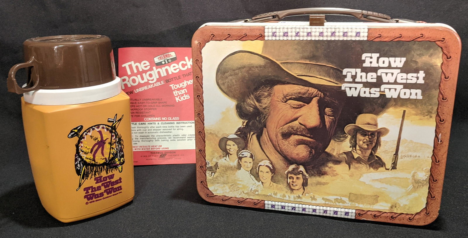 1978 UNUSED How the West Was Won LUNCHBOX WITH Thermos: This Vintage 1978 How the West Was Won Metal Lunchbox with thermos and original paperwork is in new unused Minty condition. Complete with Thermos and factory instruction sheet for the “Roughneck”