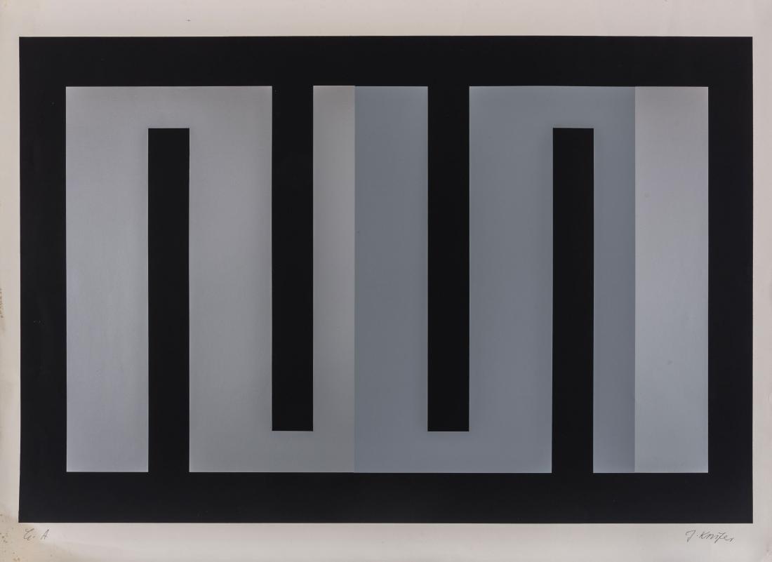 JULIJE KNIFER, Black Meander: JULIJE KNIFER(1924 - 2004)Black MeanderSilkscreen, ed. e.a.63 x 84.8 cmSigned in pencil lower right and numbered lower leftMinor defectsPROVENANCE:Private Collection, Milan Notes:Signed in pencil lowe