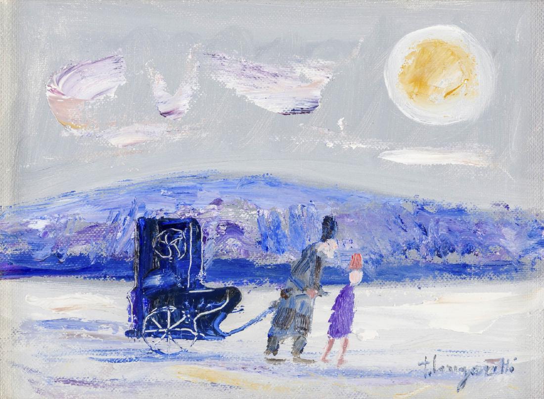 TRENTO LONGARETTI, Poveri con l'organetto: TRENTO LONGARETTI (1916 - 2017) Poveri con l'organetto Oil on canvas laid down on panel 18 x 24 cm Signed lower right Signed, title, measurements and technique on the reverse This work is accompanied 