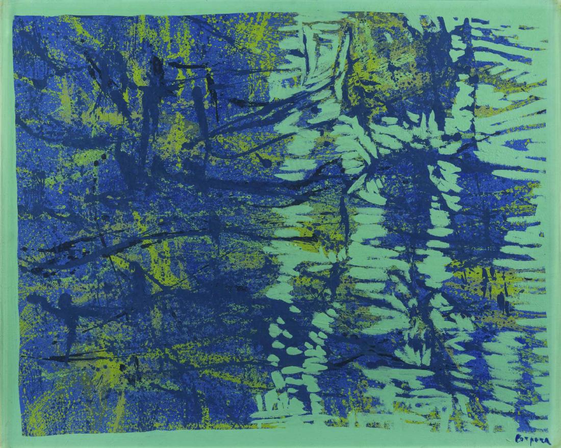 ANTONIO CORPORA, Controluce sul fiume: ANTONIO CORPORA (1909 - 2004) Controluce sul fiume 1977 Oil on canvas 65 x 81 cm Signed lower right Signed, titled, and dated on the reverse Work accompanied by a certificate of authen