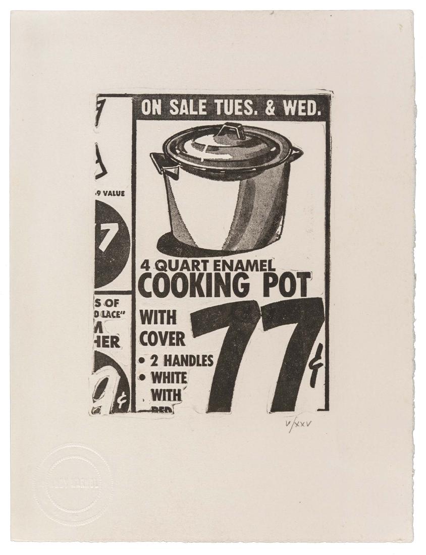 ANDY WARHOL, Cooking Pot: ANDY WARHOL (1928 - 1987) Cooking Pot 1962 Photoengraving on Rives BFK paper, edition no. V/XXV from a series of 60 numbered with Arabic numerals and 25 numbered with Roman numerals, Edizioni Galleria