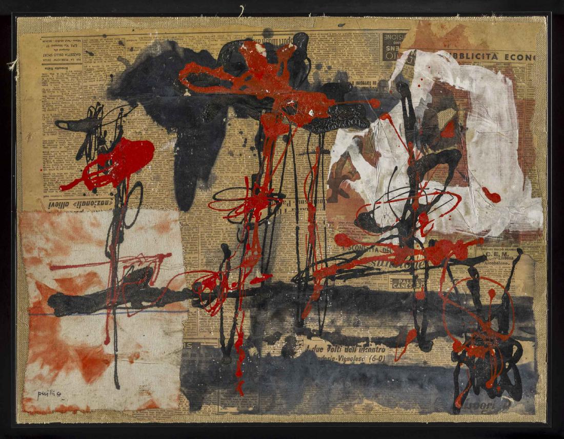 ACHILLE PERILLI, Lacrime per l'anarchia: ACHILLE PERILLI (1927) Lacrime per l'anarchia 1957 Mixed media on canvas 42 x 54,5 cm Signed and dated lower left Signature, date and title on the reverse Work accompanied by a photogra