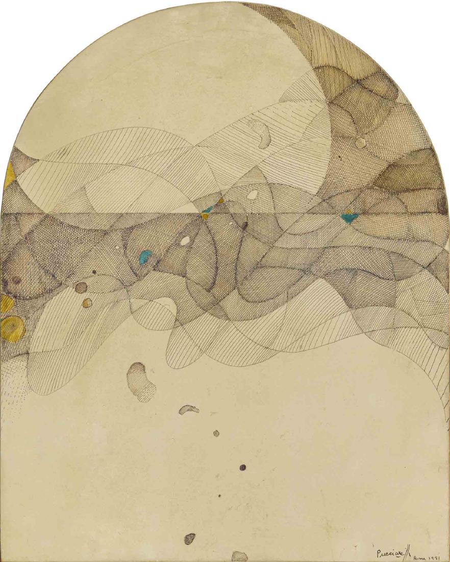 MARIO PUCCIARELLI, Tempo barocco: MARIO PUCCIARELLI (1928 - 2014) Tempo barocco 1991 Mixed media on panel 50 x 40 cm Signed and dated lower right Signed, titled and dated on the reverse PROVENANCE: Private Collection, Rome