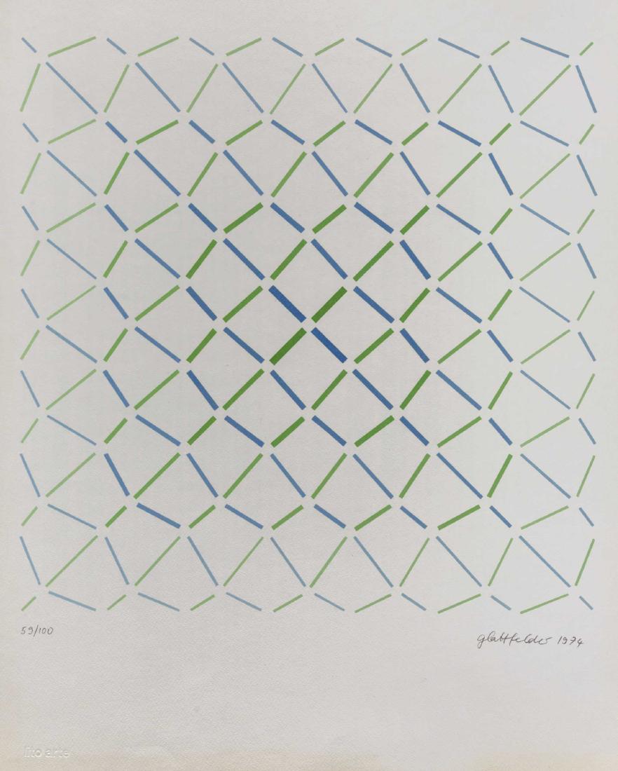 HANS JORG GLATTFELDER, Mixed lot: HANS JORG GLATTFELDER (1939) Mixed lot This lot is comprised by two silkscreens: Untitled 1974 Lithograph, ed. 59/100, Edizioni Litoarte, Bergamo (blindstamp) 79.8 x 59.9 cm Signed and dated in pencil