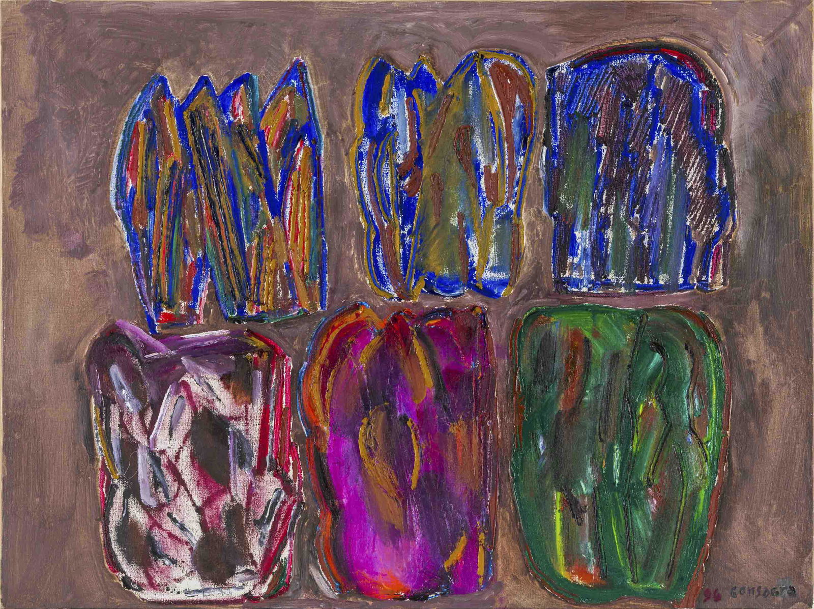 PIETRO CONSAGRA, Fondo marrone (Sei immagini): PIETRO CONSAGRA (1920 - 2005) Fondo marrone (Sei immagini) 1996 Oil on canvas 60 x 80 cm Signed and dated lower right This artwork is accompanied by a certificate of authenticity issued by Archivio Pi