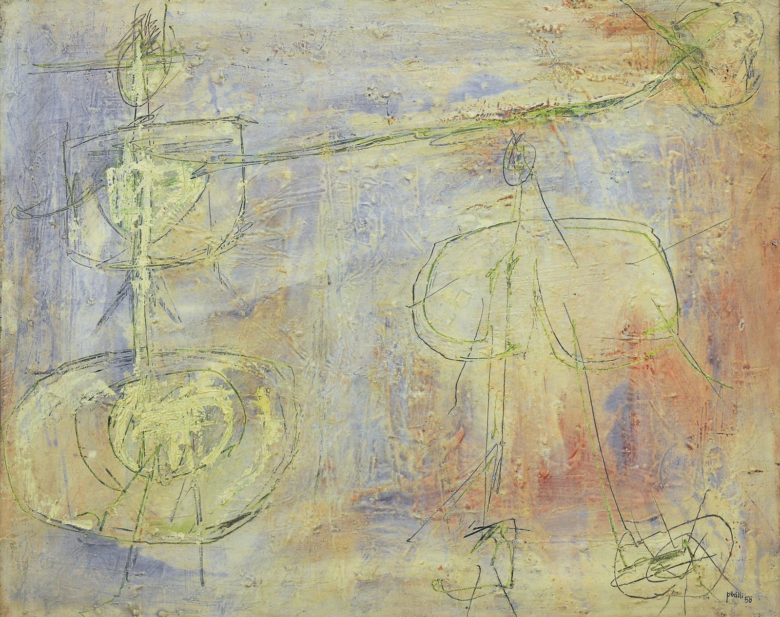 ACHILLE PERILLI, Con motivo della tradizione: ACHILLE PERILLI (1927) Con motivo della tradizione 1958 Mixed media on canvas 81 x 100 cm Signed and dated lower right Signature, date and title on the reverse Work accompanied by a certificate of aut