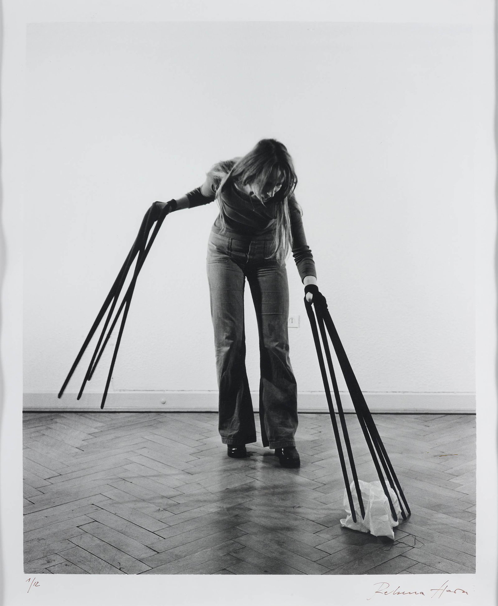 REBECCA HORN: 1972 Gelatin silver print, ed. 1/12 80 x 60 cm Signed lower right and numbered lower left PROVENANCE: Eric Franck Fine Art, London Private collection, Genoa EXHIBITED: April 24th - May 18th 2003, Corp