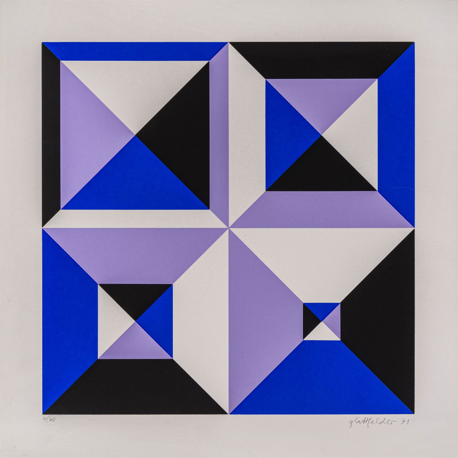 HANS JORG GLATTFELDER ® (1939) Mixed lot: The lot is comprised of two graphic artworks: Untitled 1971 Silkscreen, ed. 4/40 49.2 x 49.4 cm Signed and dated in pencil lower right, numbered lower left Untitled 1973 Silkscreen, ed. 85/100 69.8 x